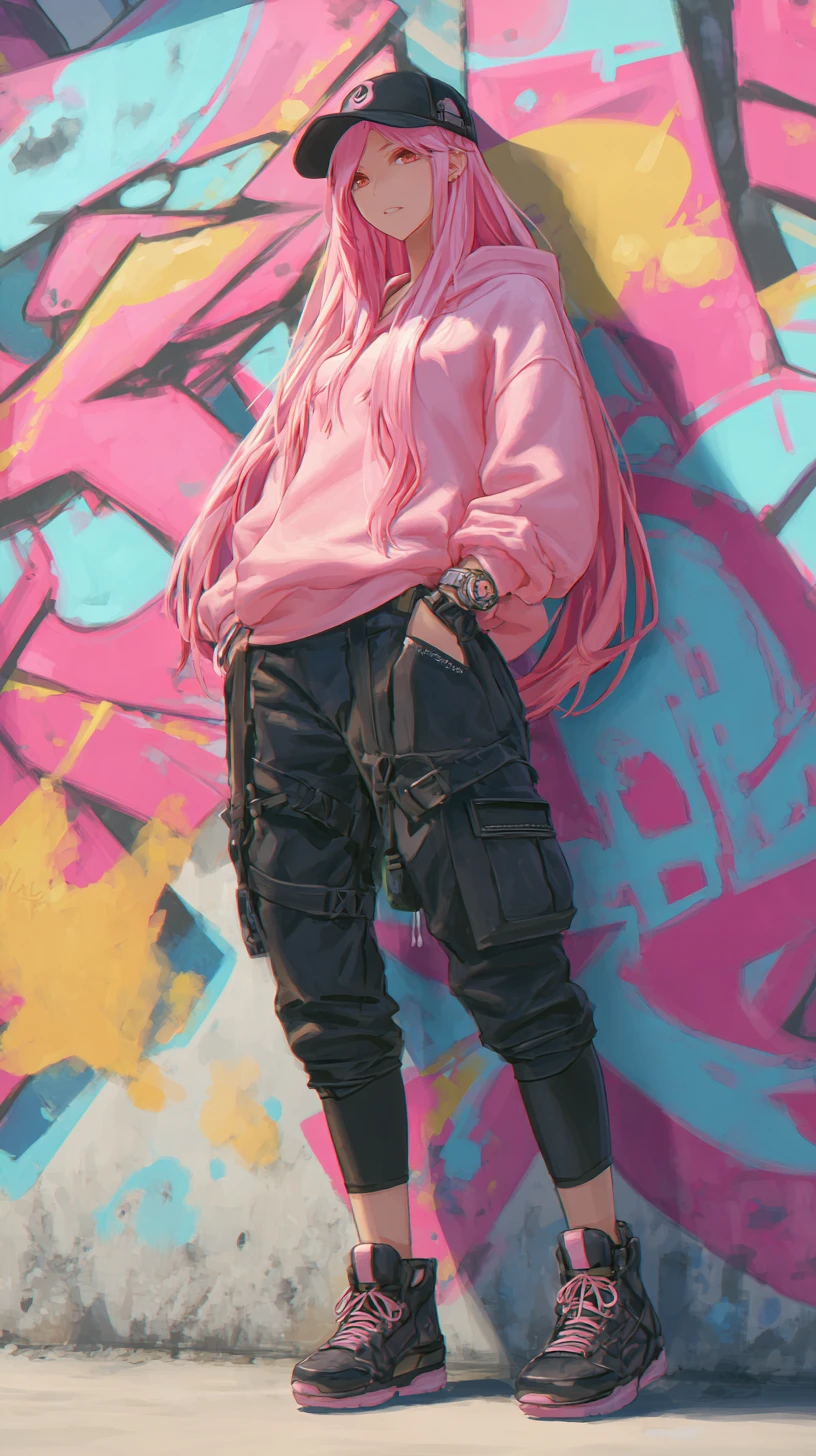 Pink haired anime girl posing by graffiti street wall
