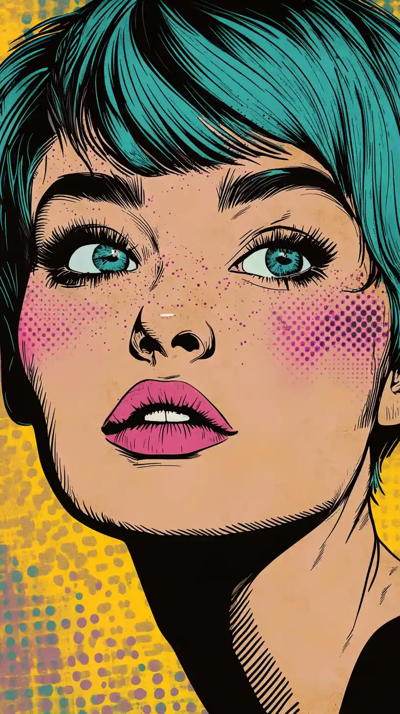 Pop-Art-Porträt eines Mädchens mit türkisfarbenen Haaren und selbstbewusstem Blick