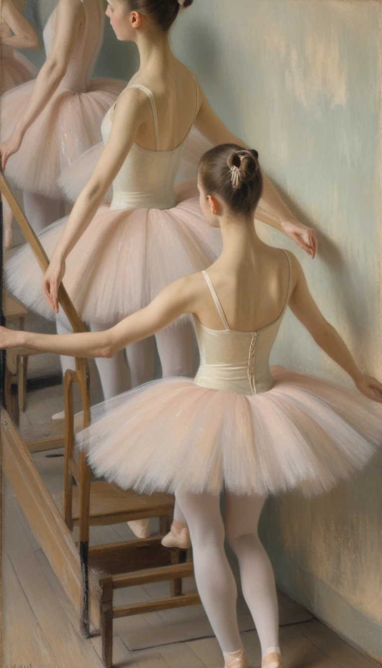 Impressionistisches Gemälde von vier Ballerinen hinter der Bühne