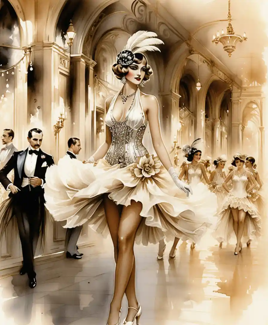 Watercolor flapper dancer performing at a glamorous baroque gala