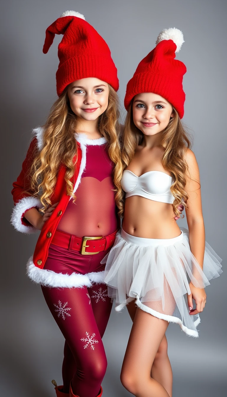 Smiling sisters on stage in festive Santa and snow maiden costumes