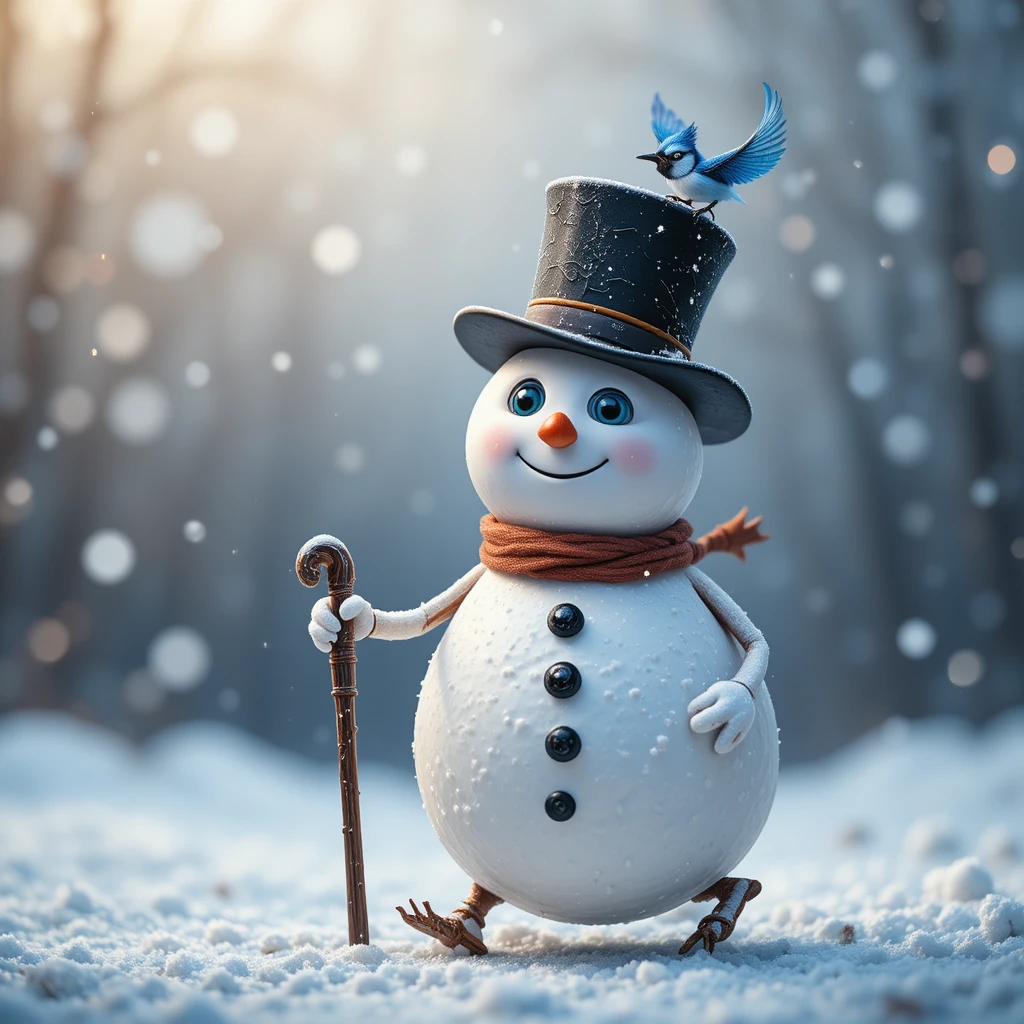 Muñeco de nieve alegre con bastón y sombrero de copa con arrendajo azul