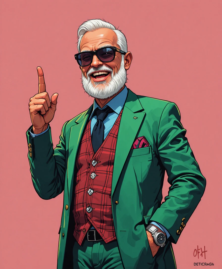 Vieil homme heureux avec canne pointant vers le haut en blazer vert
