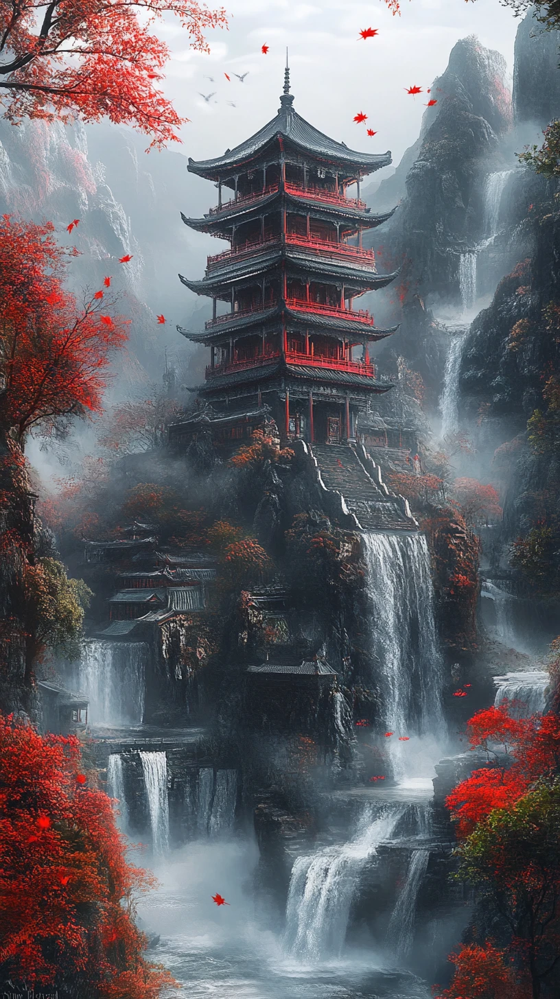 Antigua pagoda china entre montañas neblinosas y cascadas