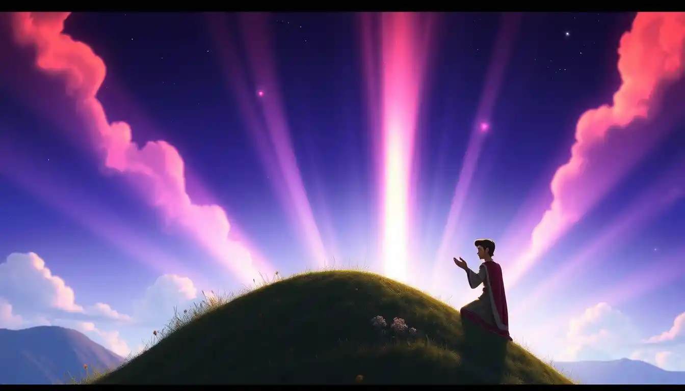 Homme solitaire priant sur une colline en animation 3D