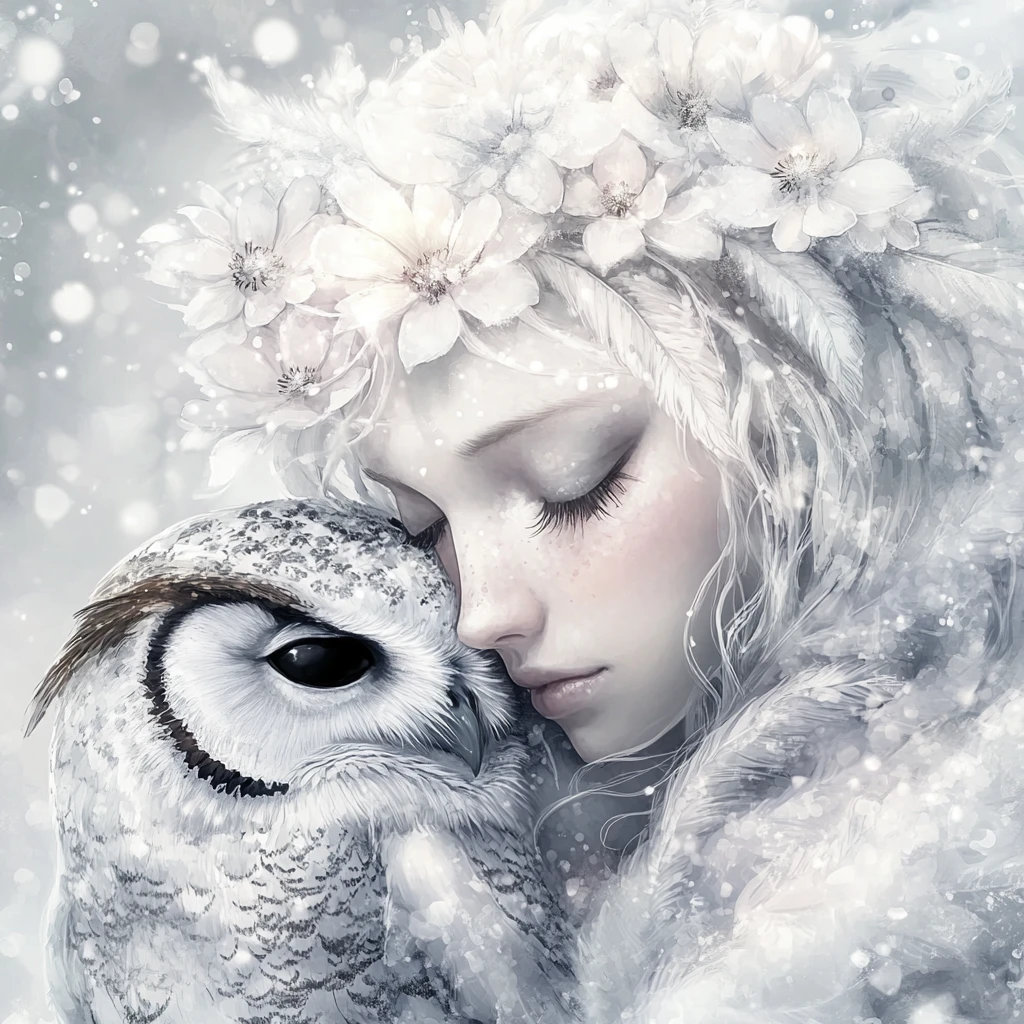 Winter fairy cuddling a snowy owl in watercolor pastels