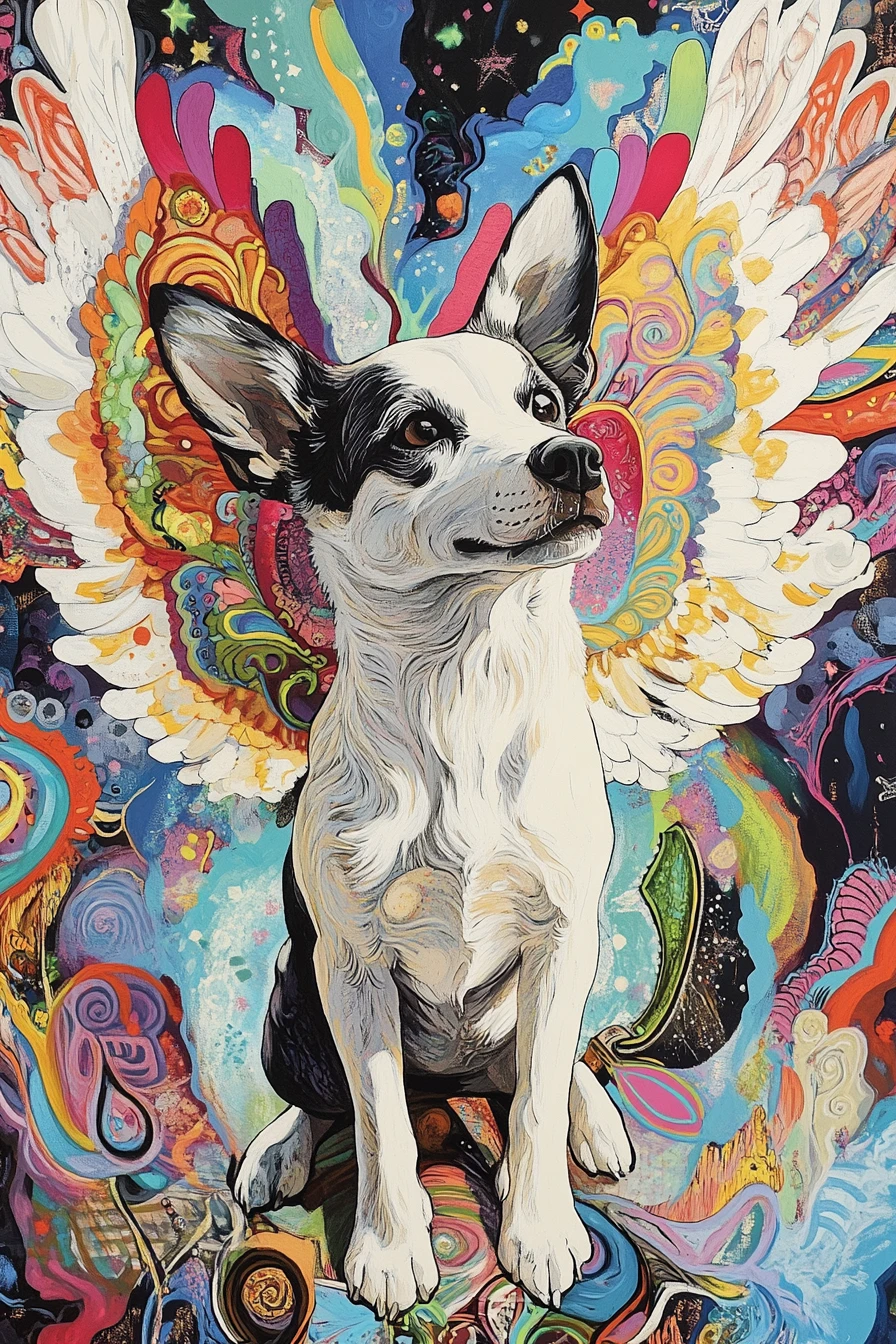 Colorful angel dog with wings flying toward heaven