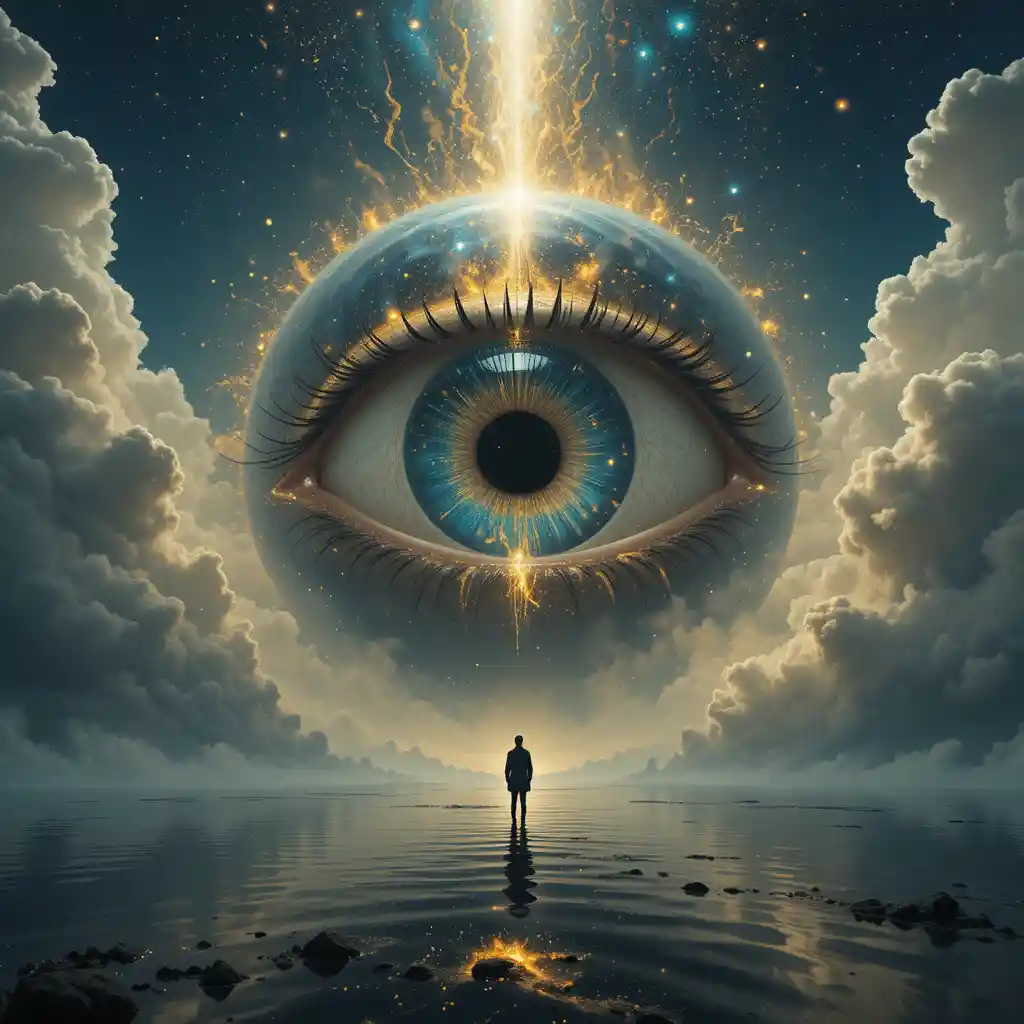 Tiny figure before a colossal cosmic eye in glowing clouds