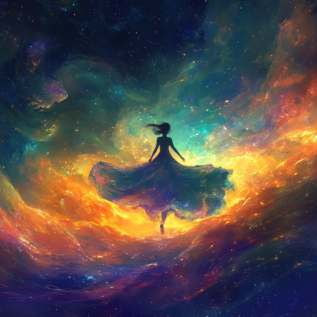 繁星星雲天空前、穿著旋轉繽紛洋裝的女孩