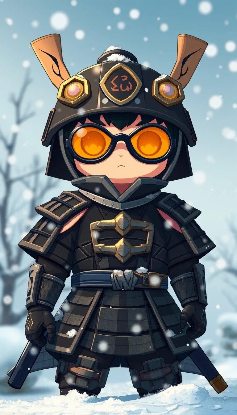 雪が舞う中の侍鎧をまとったアニメ風昆虫戦士