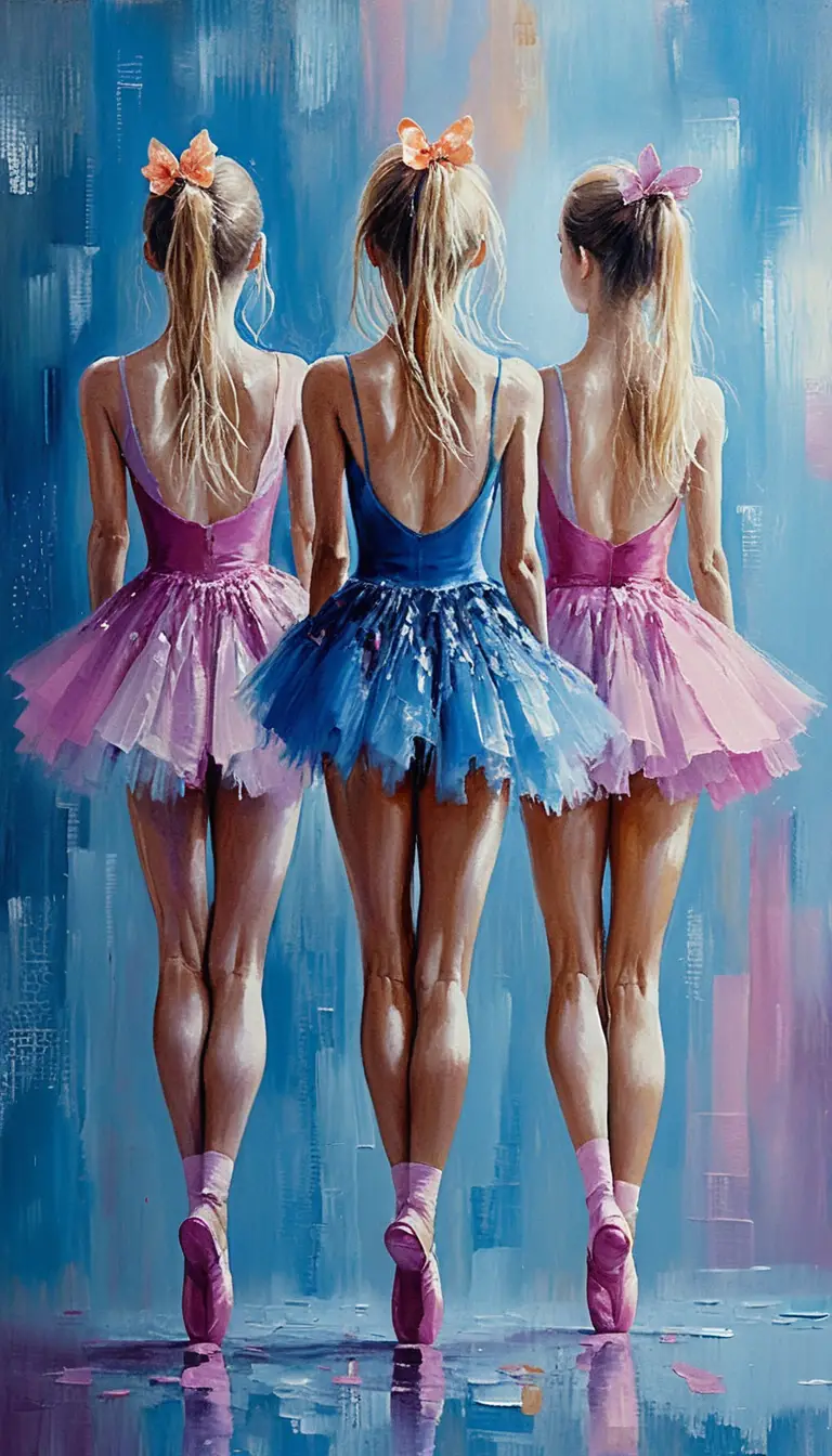Three ballerinas in colorful tutus seen from behind