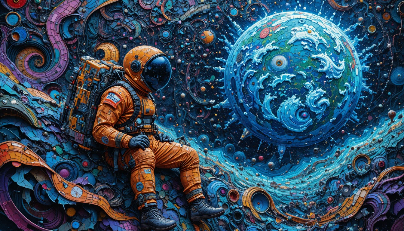 兩名太空人在繽紛宇宙馬賽克場景中放鬆