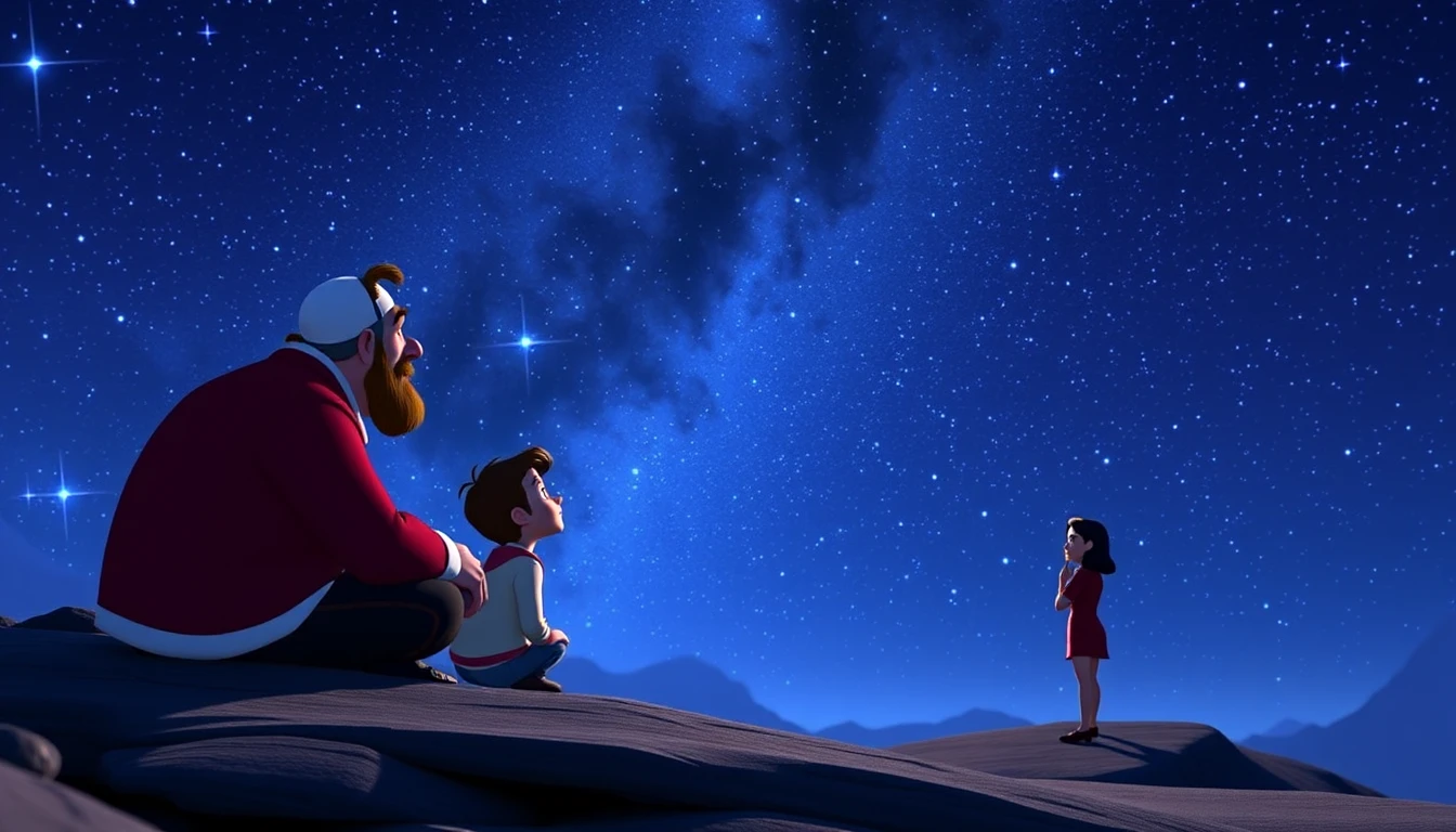 Scena Contemplativa sotto un Vasto Cielo Stellato in Stile Pixar