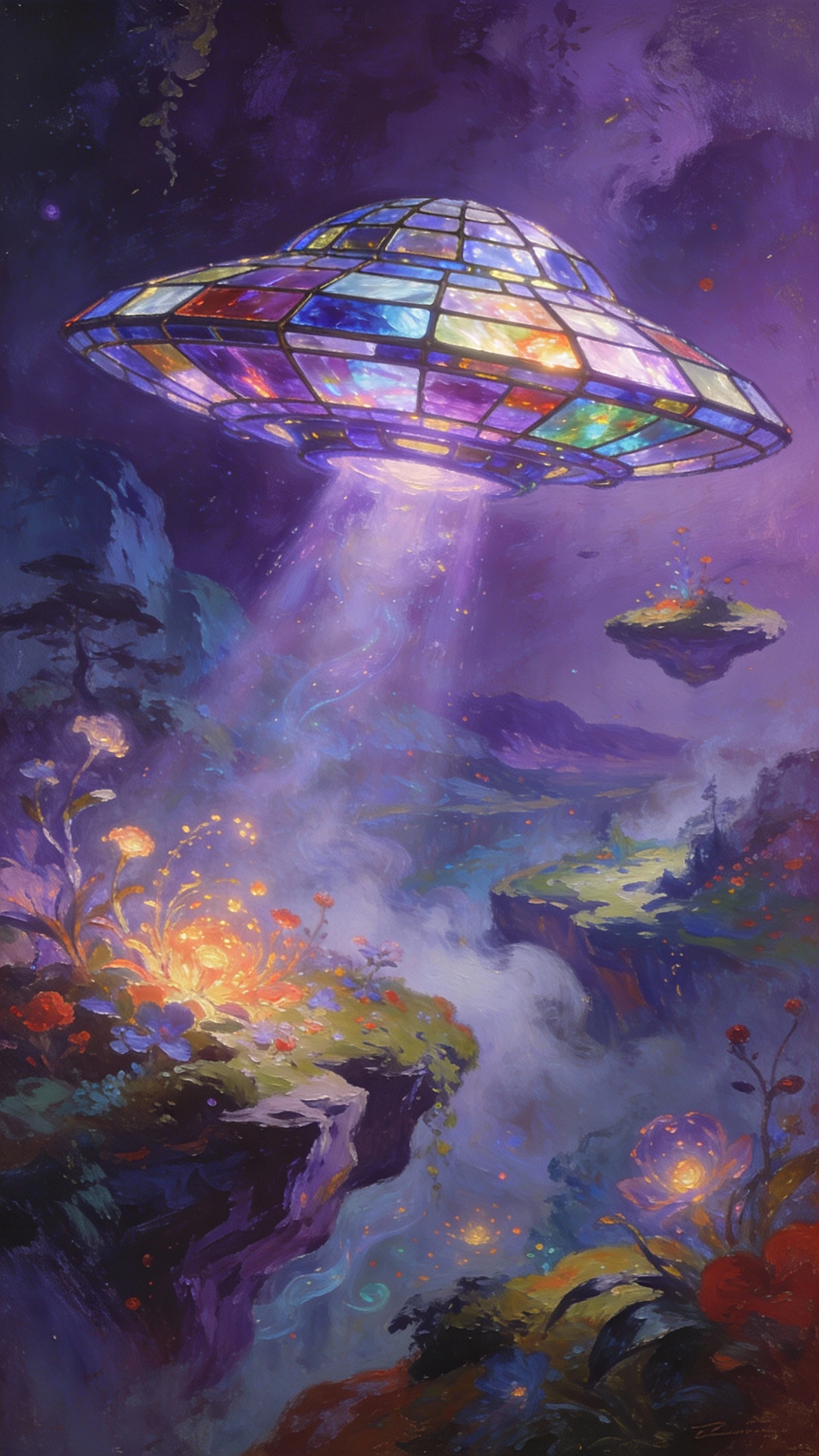 Stained glass ufo above a surreal fantasy landscape