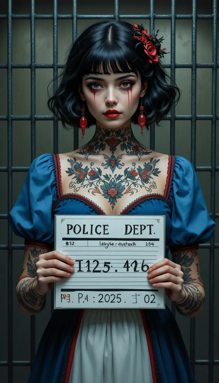 Gothic tattooed woman in police interrogation close up