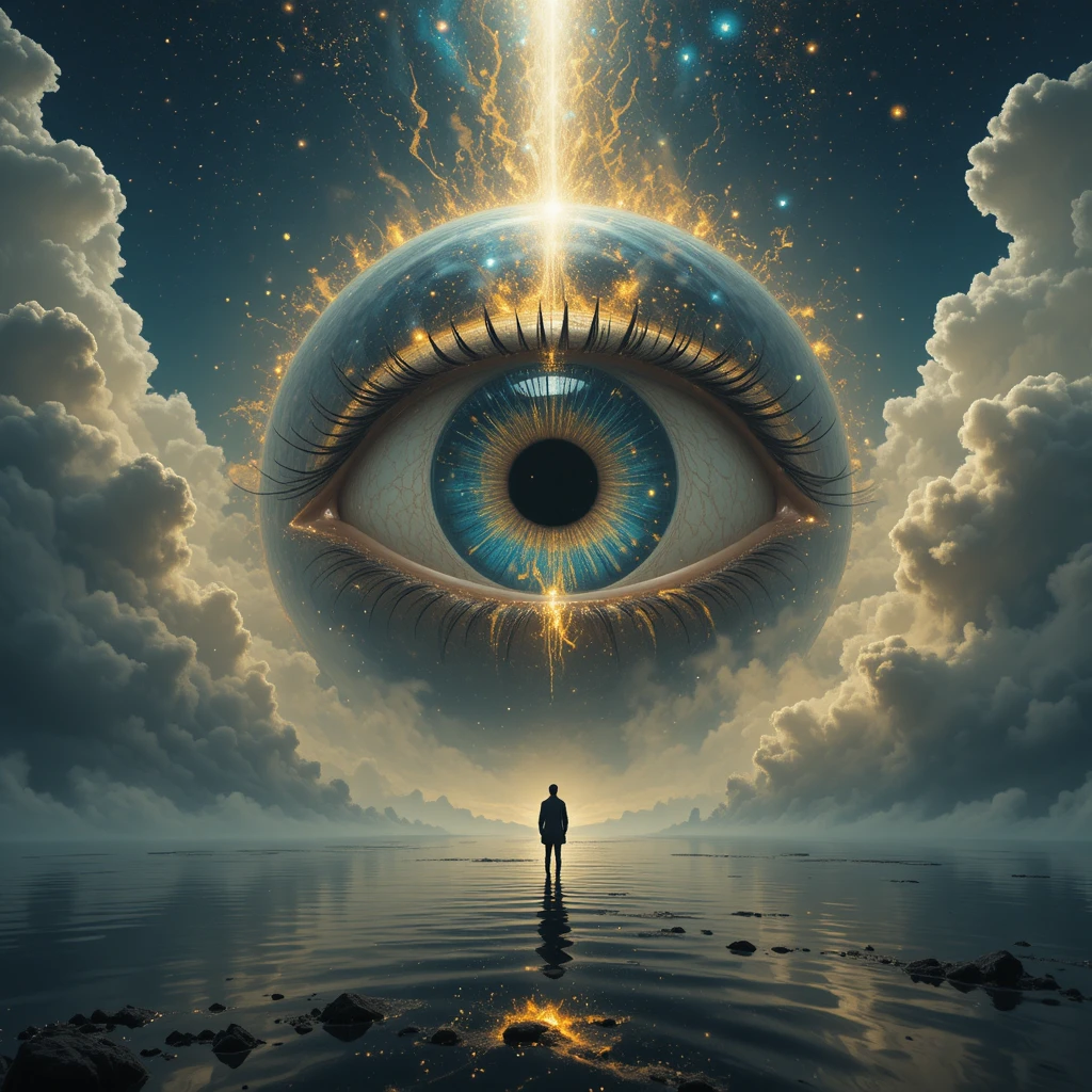 Tiny figure before a colossal cosmic eye in glowing clouds