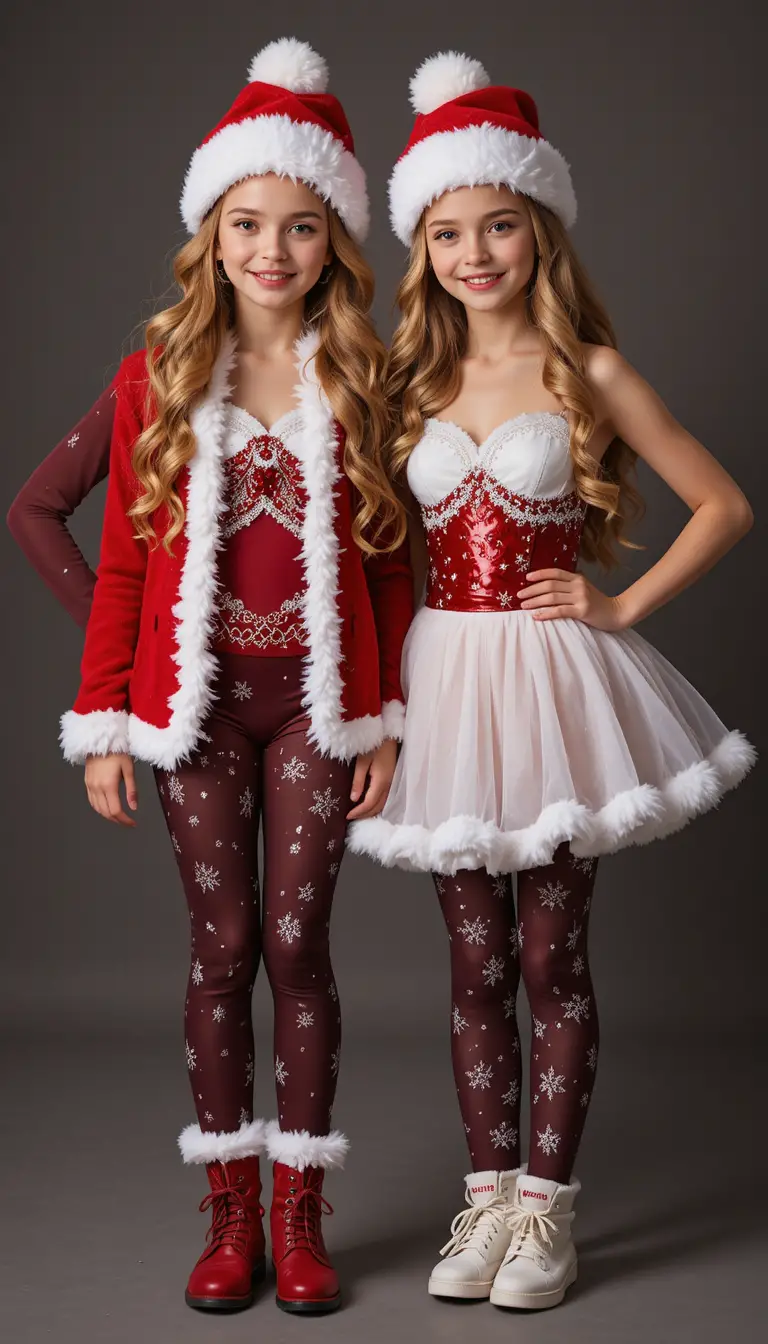 Two young sisters in festive Santa and Snow Maiden costumes