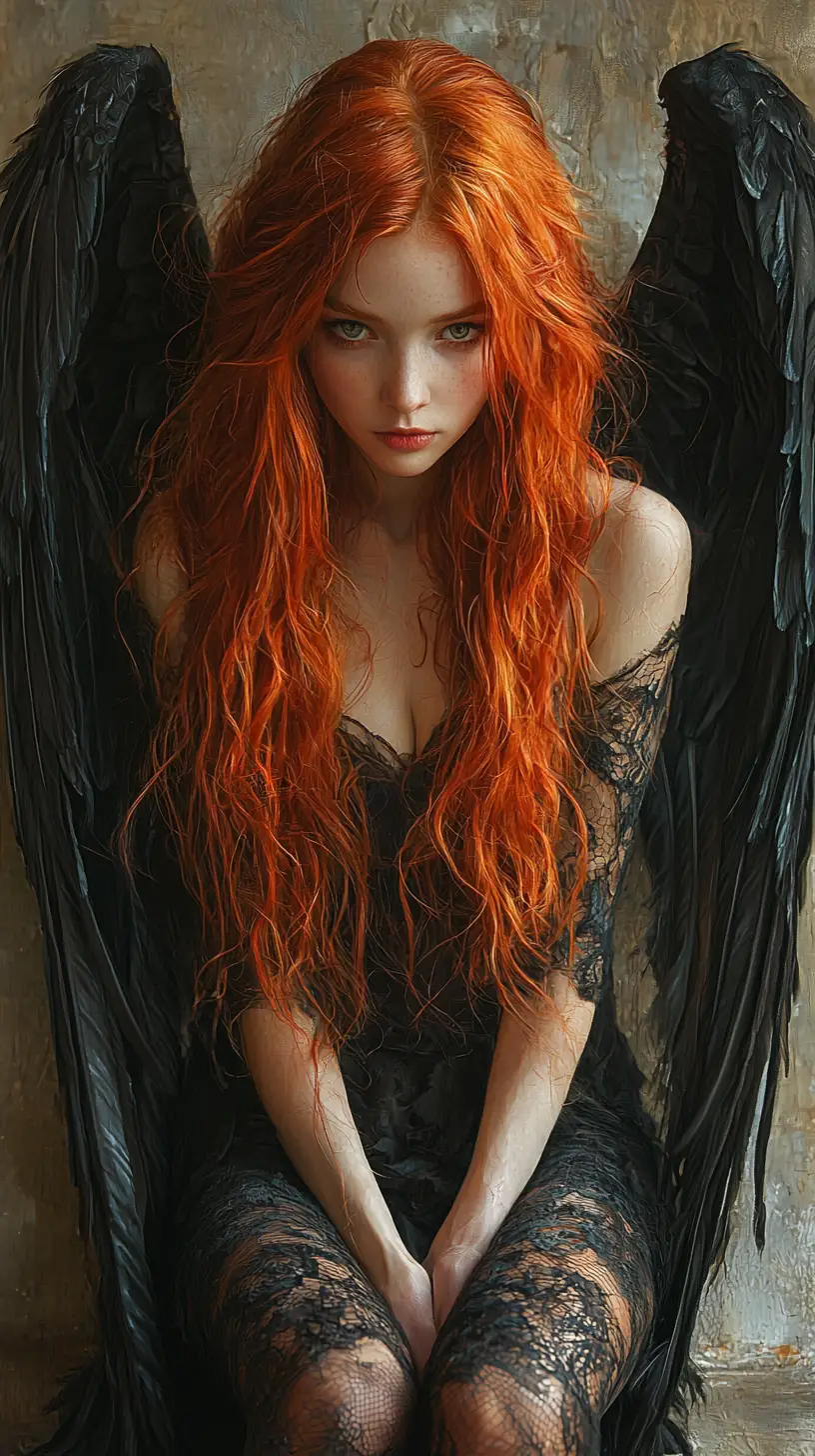 Sad red haired girl with black angel wings sitting alone