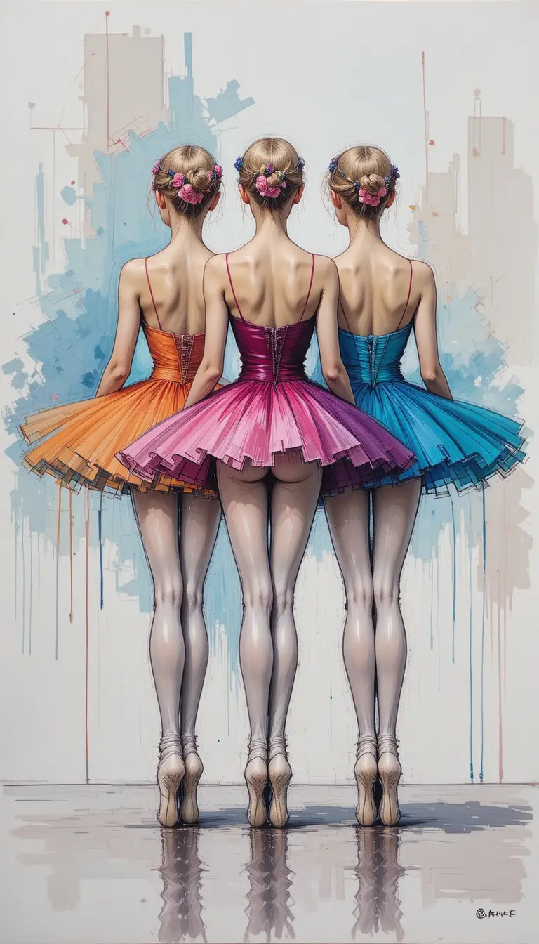 Three ballerinas in colorful tutus on pointe from behind