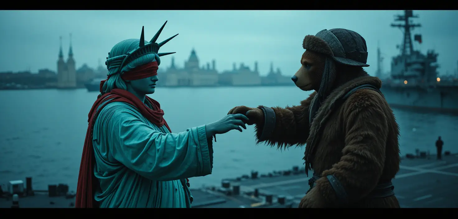 Statue Of Liberty Greeting A Russian Bear On Aircraft Carrier