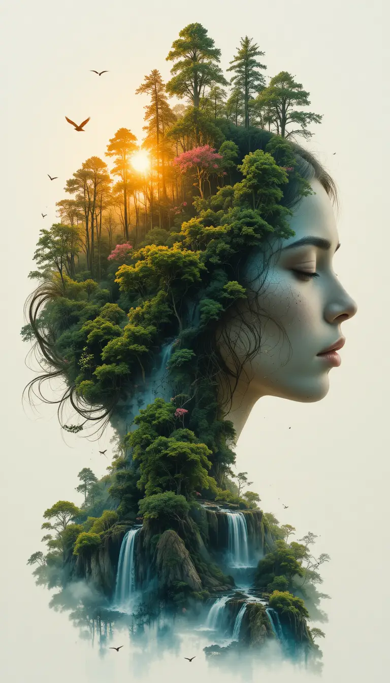 Double exposure woman portrait merging with glowing forest