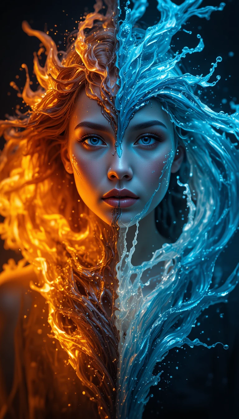 Donna elementale divisa tra fuoco ardente e acqua che scorre