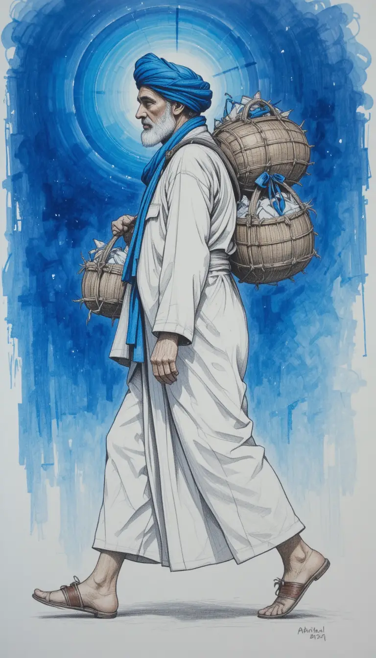 Elderly arab man in profile with woven baskets