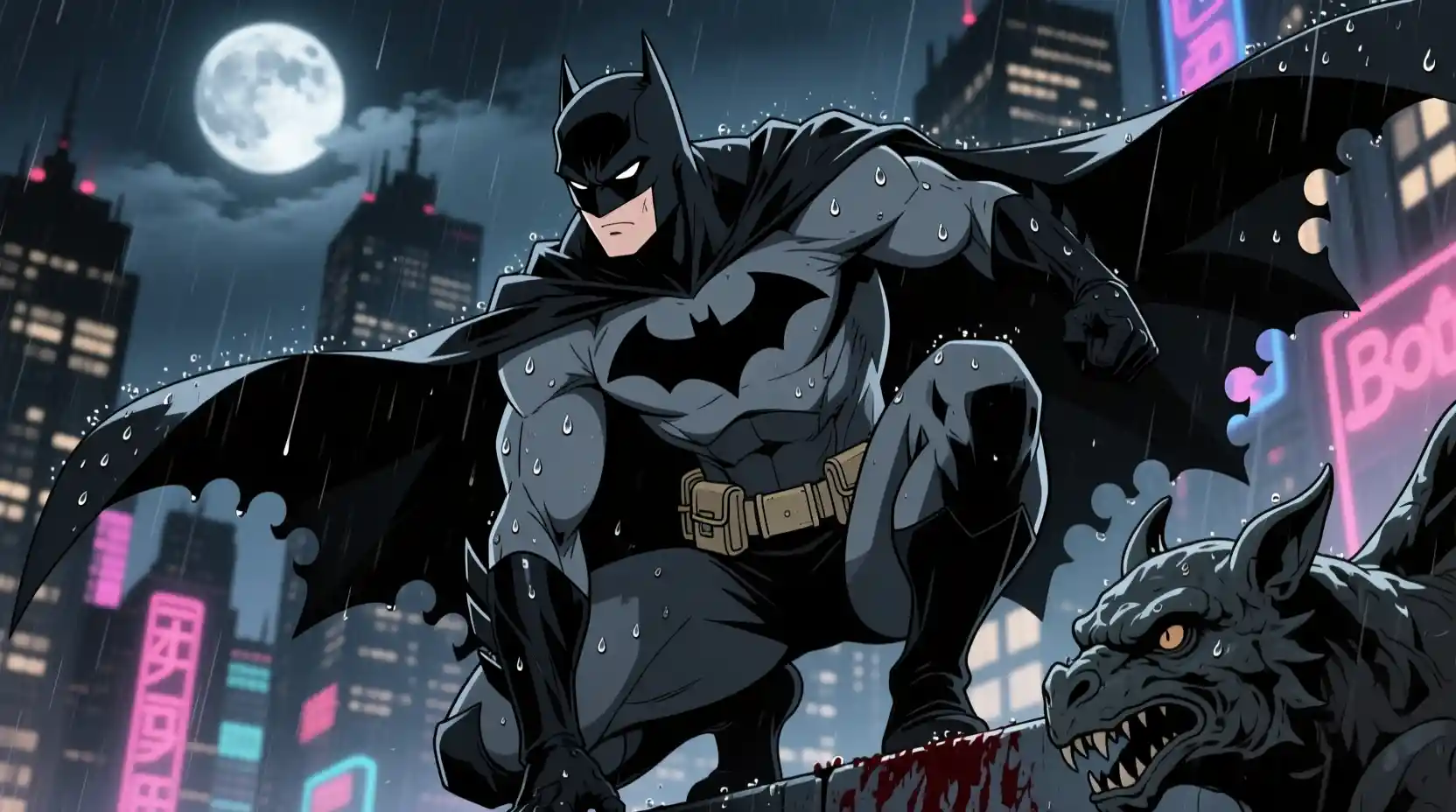 Super-héros d’anime accroupi sur une gargouille de ville gothique la nuit