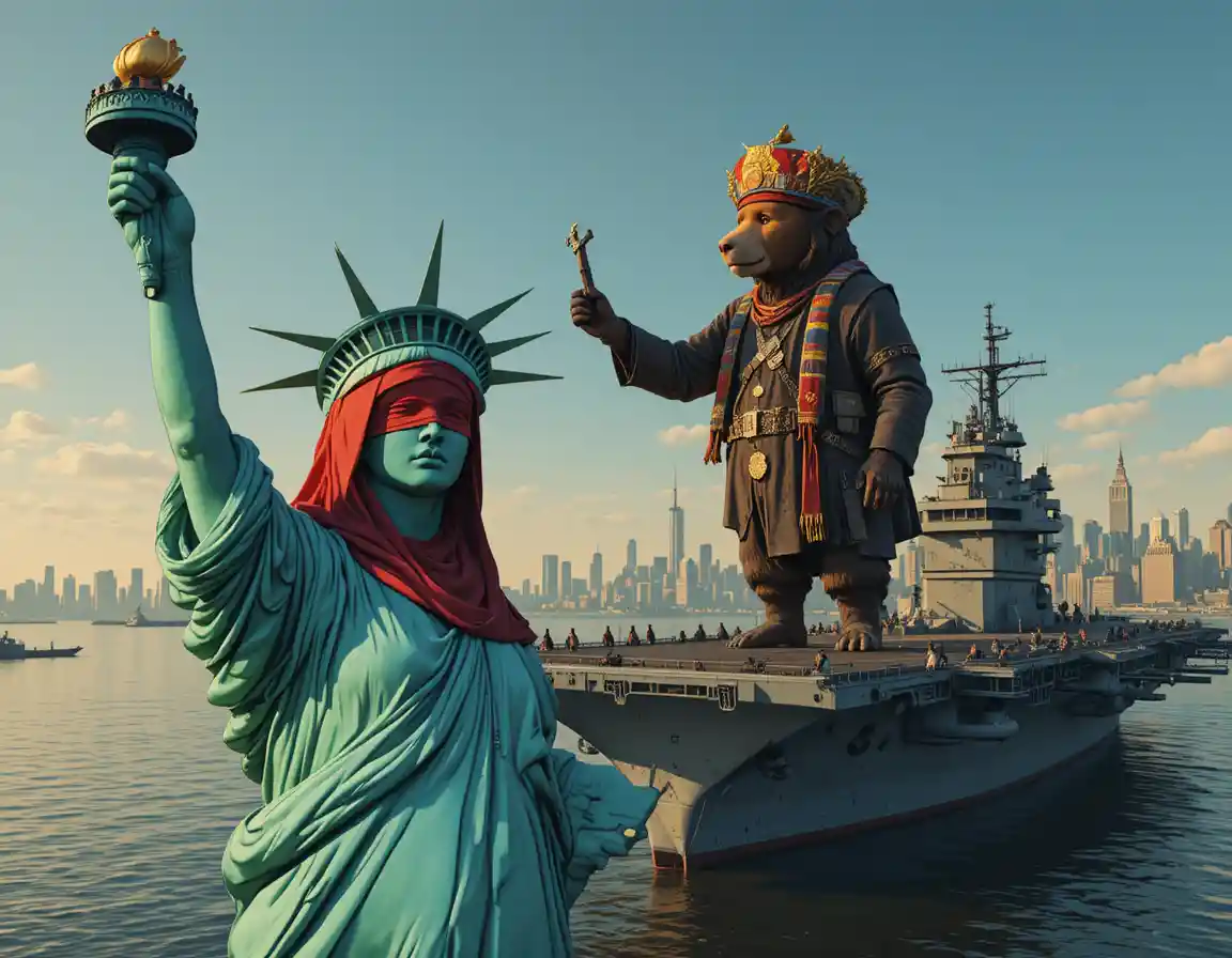 Freiheitsstatue begrüßt einen russischen Bären im Hafen von New York