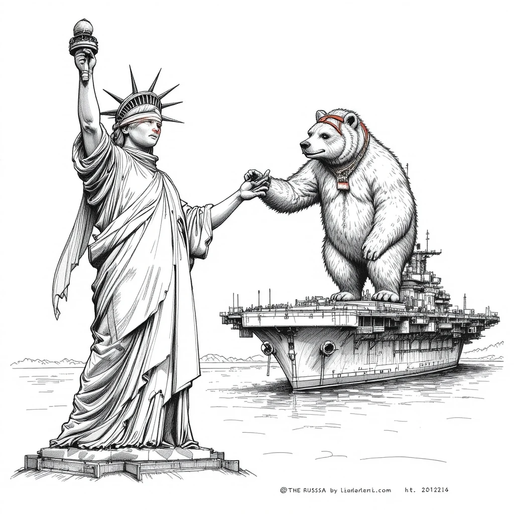 Statua della Libertà che Stringe la Mano a un Orso Russo su una Portaerei