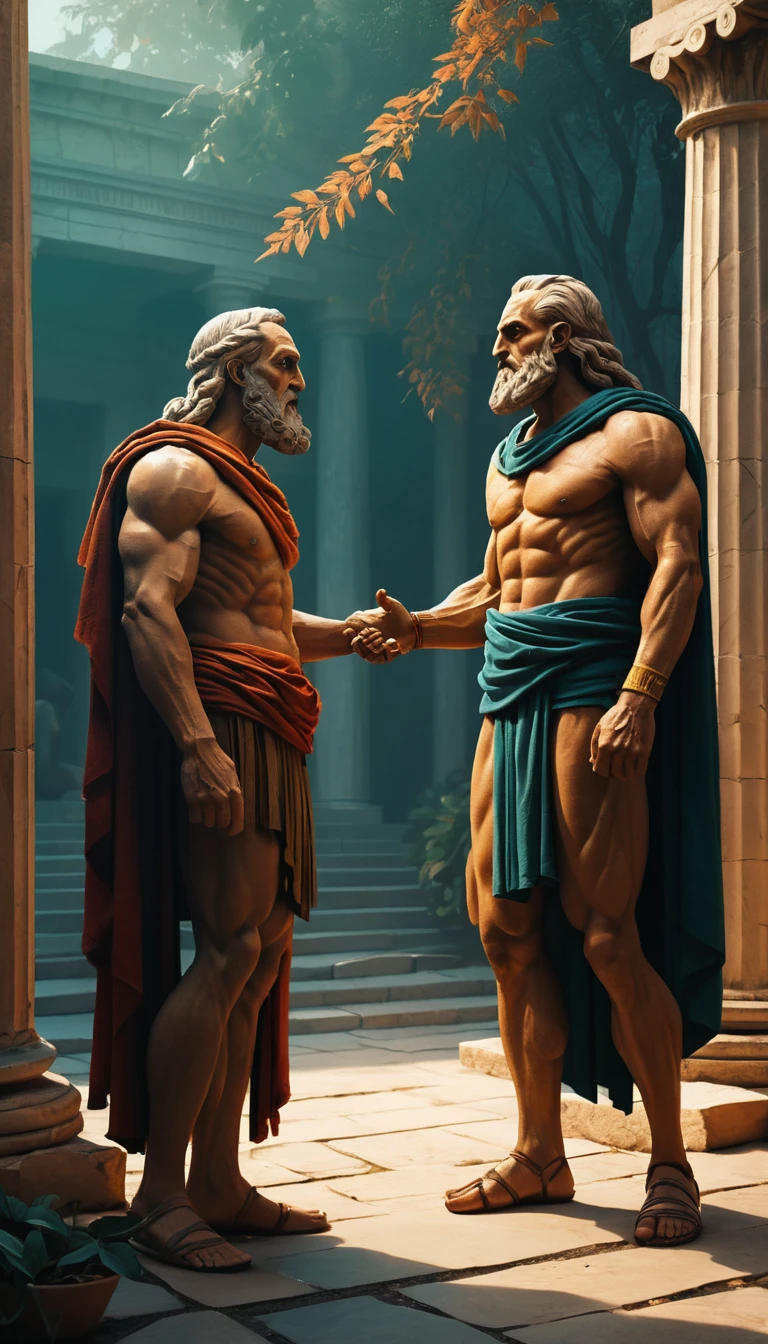 Animated Greek philosophers arguing in a dramatic temple courtyard