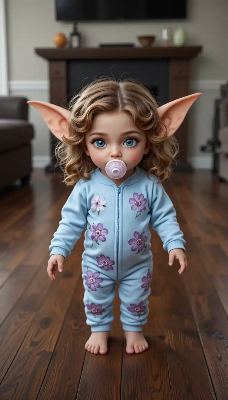 Cute baby girl gremlin in blue pajamas standing indoors