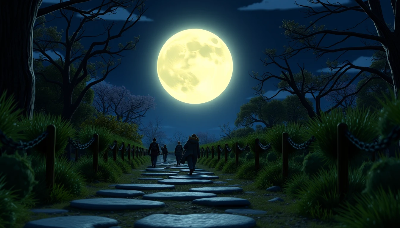 滿月照亮神秘夜路的 3D 場景