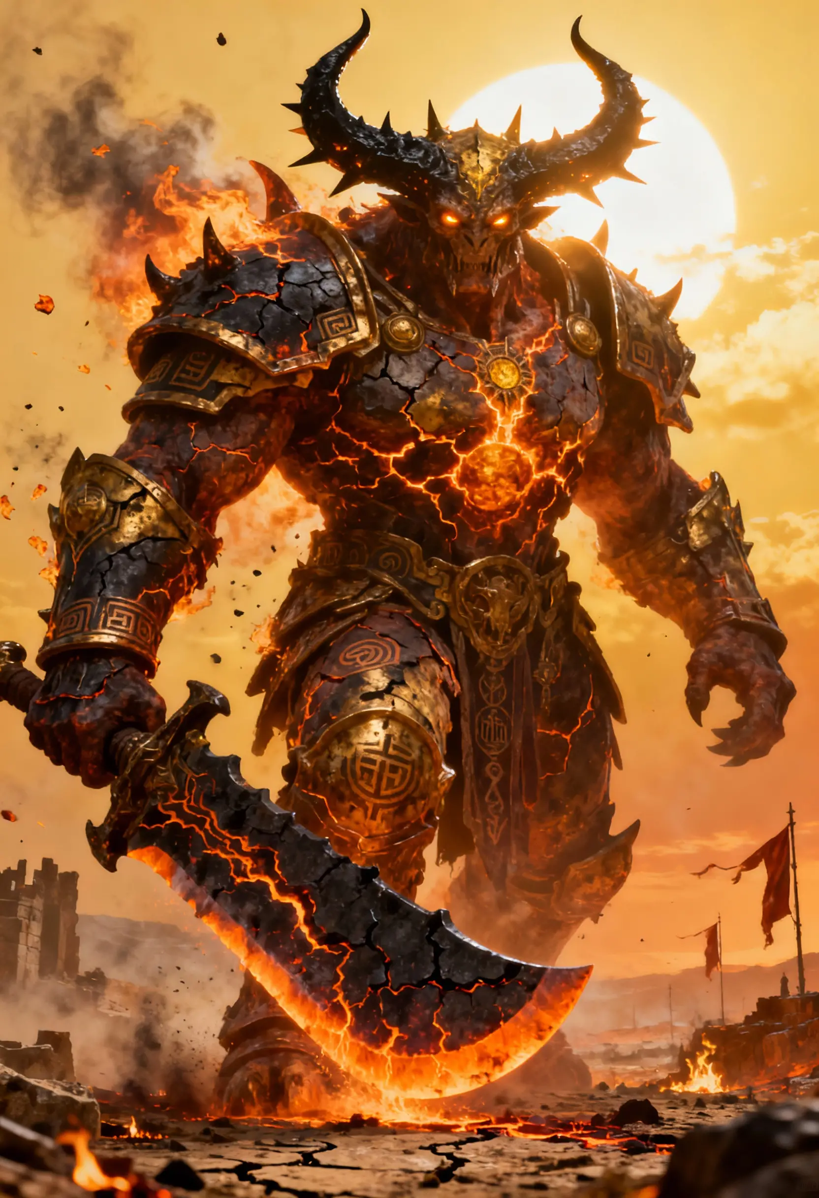 Towering magma demon dominating a sun scorched wasteland