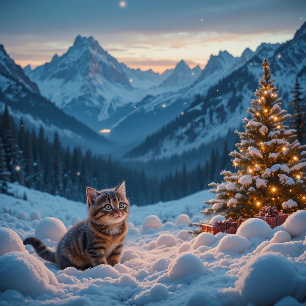 Adorable gatito y bebé jugando juntos en montañas nevadas