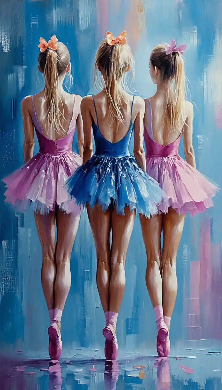 Three ballerinas in colorful tutus seen from behind