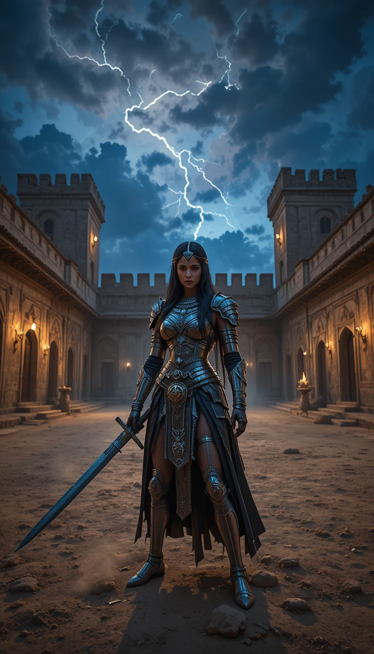 Mayan warrior woman in castle courtyard at dusk