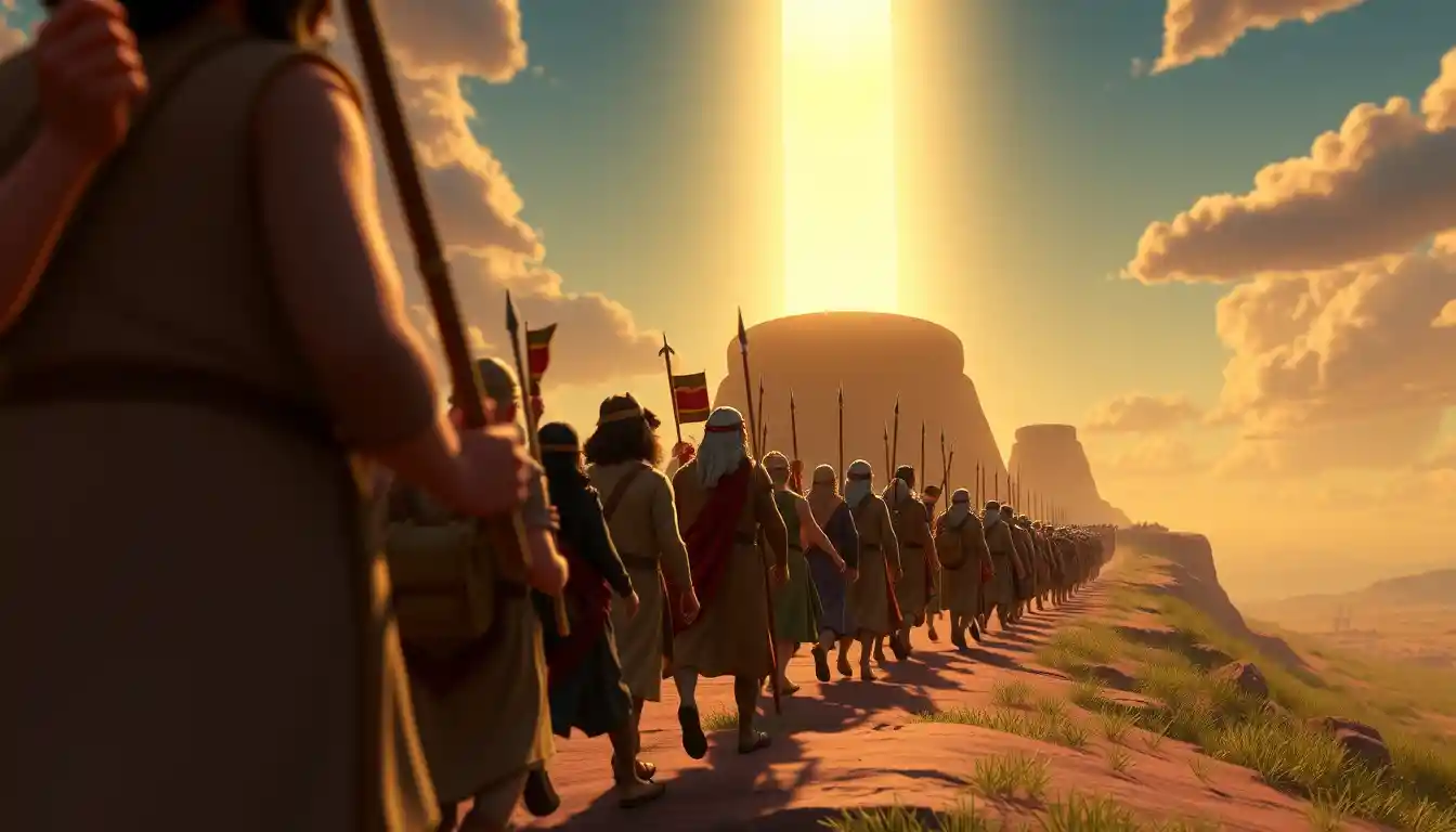 Epic 3D crowd marching toward a distant promised land