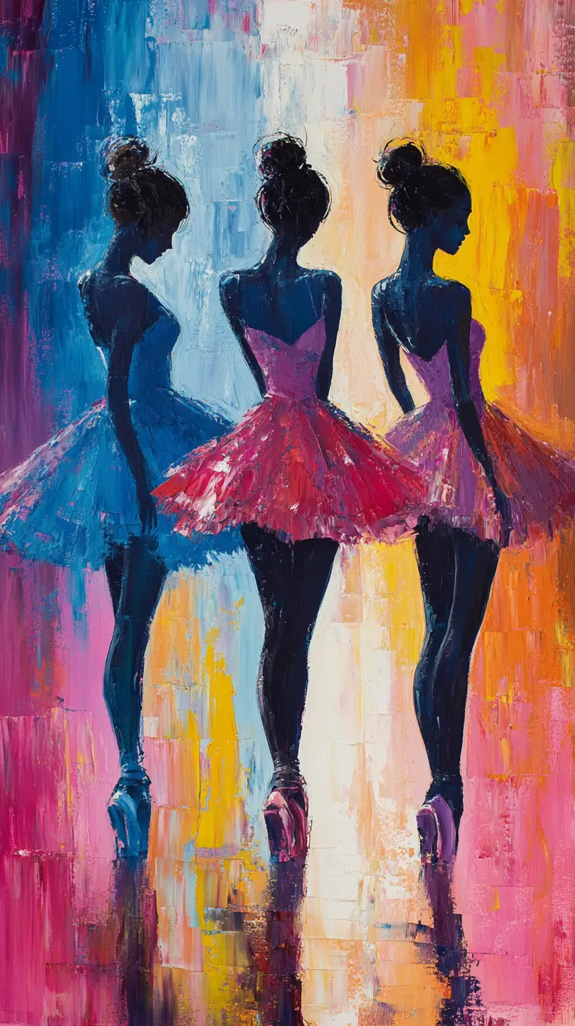 Three ballerinas in colorful tutus seen from behind