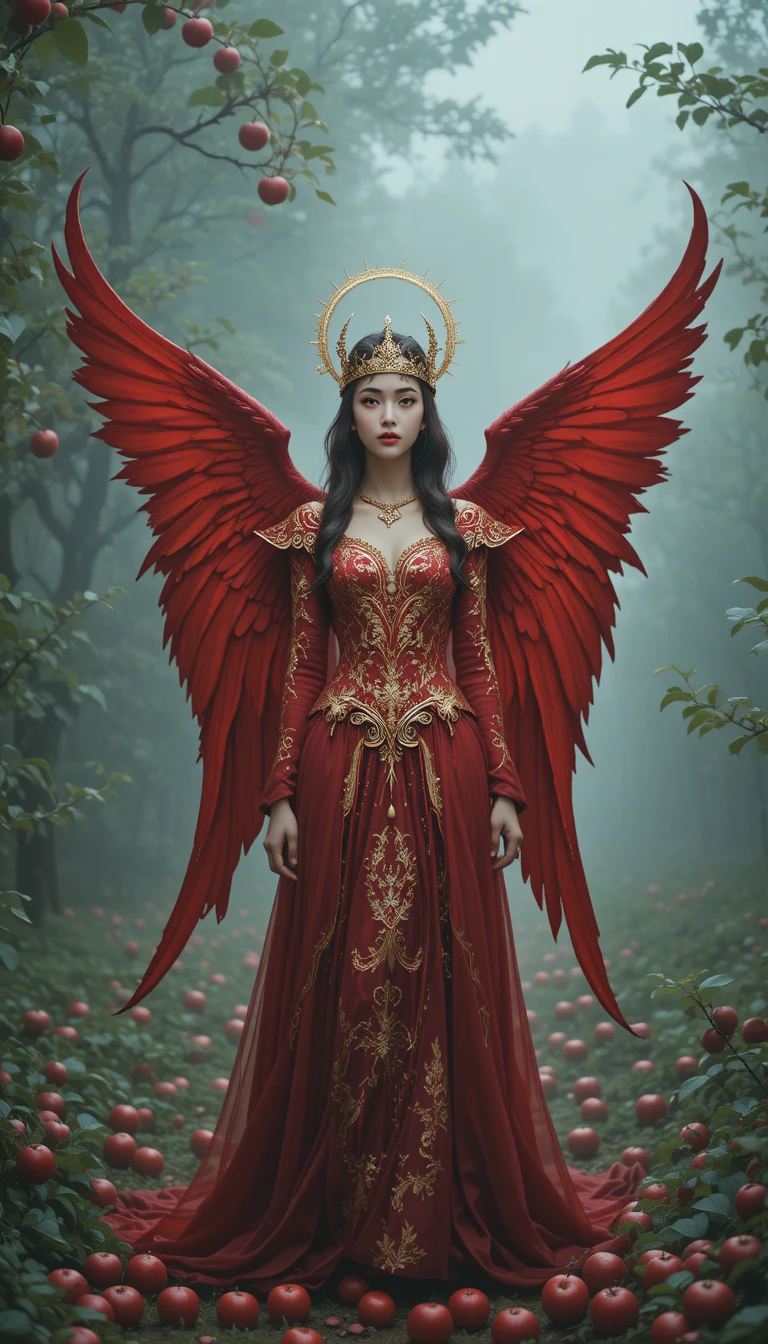 Angel like woman in red gown in misty apple orchard