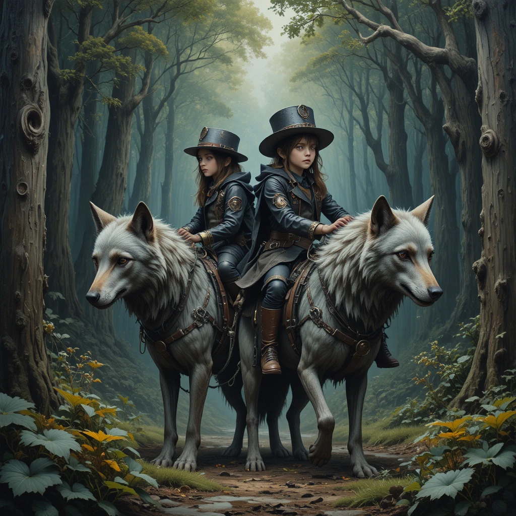 Steampunk orphan children riding wolves through a forest grove