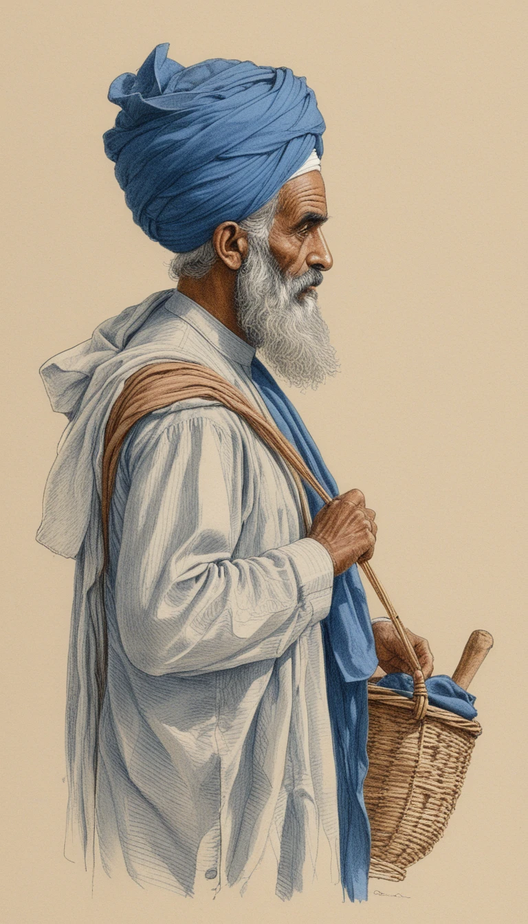 Elderly arab man in profile with baskets and blue robe