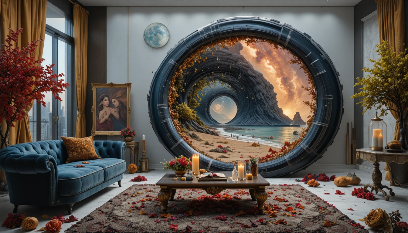 Surreal living room with portal to a summer forest