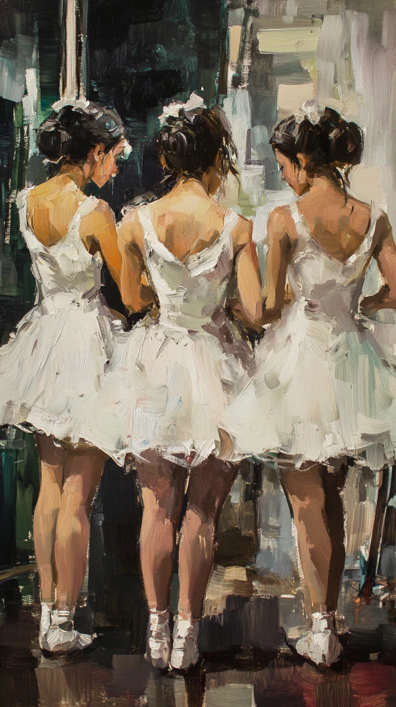 Dipinto impressionista di ballerine che si preparano dietro le quinte in una luce soffusa