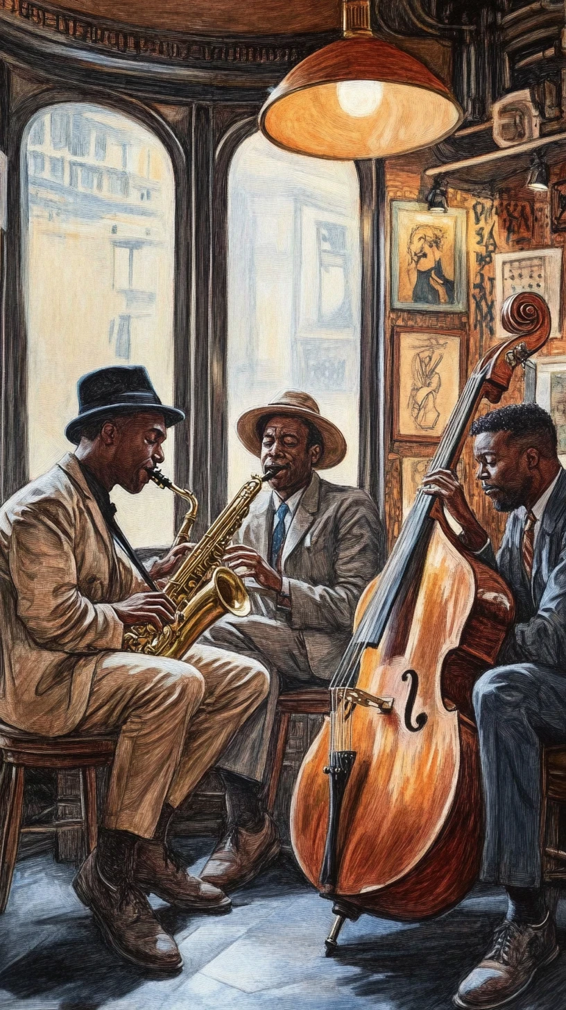 Illustration aux crayons de couleur d’un groupe de jazz dans un club chaleureux