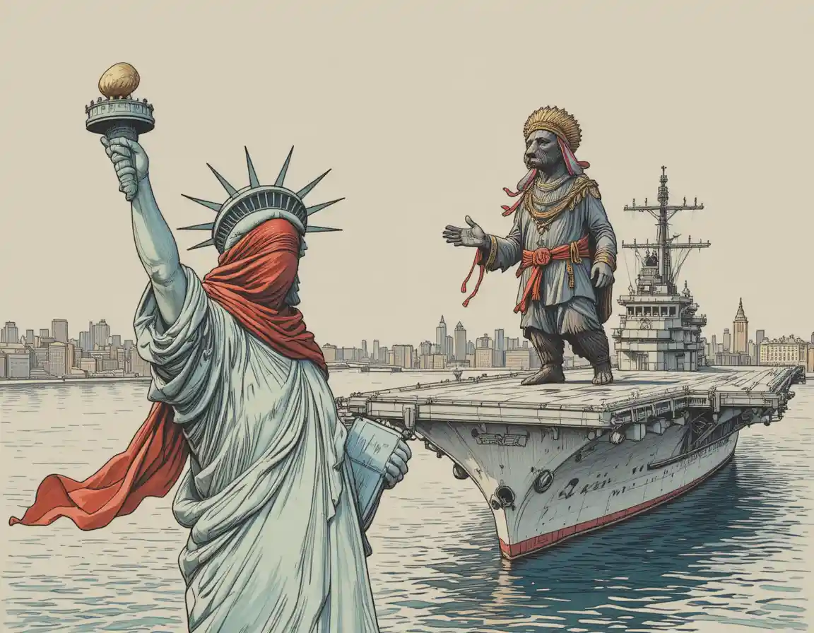 Freiheitsstatue begrüßt einen russischen Bären im Hafen