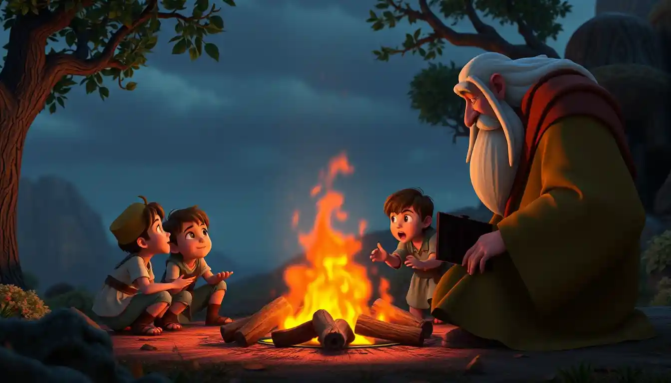 Children Learning Laws Around A Fire With Wise Elders