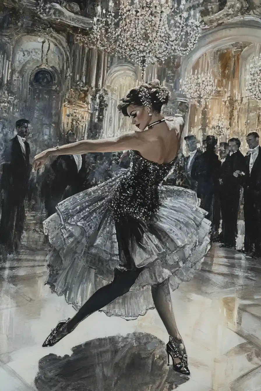Watercolor flapper dancer performing in a grand baroque ballroom