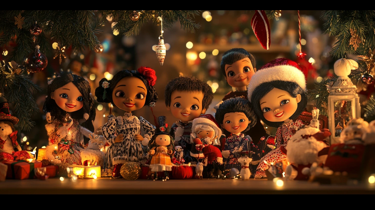 Muñecos festivos reunidos en un acogedor interior navideño