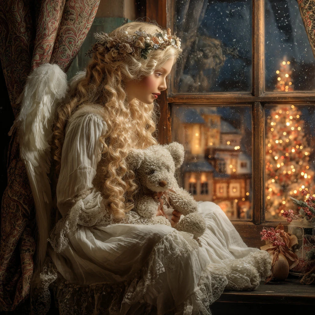 Angel girl with teddy bear on a cozy window